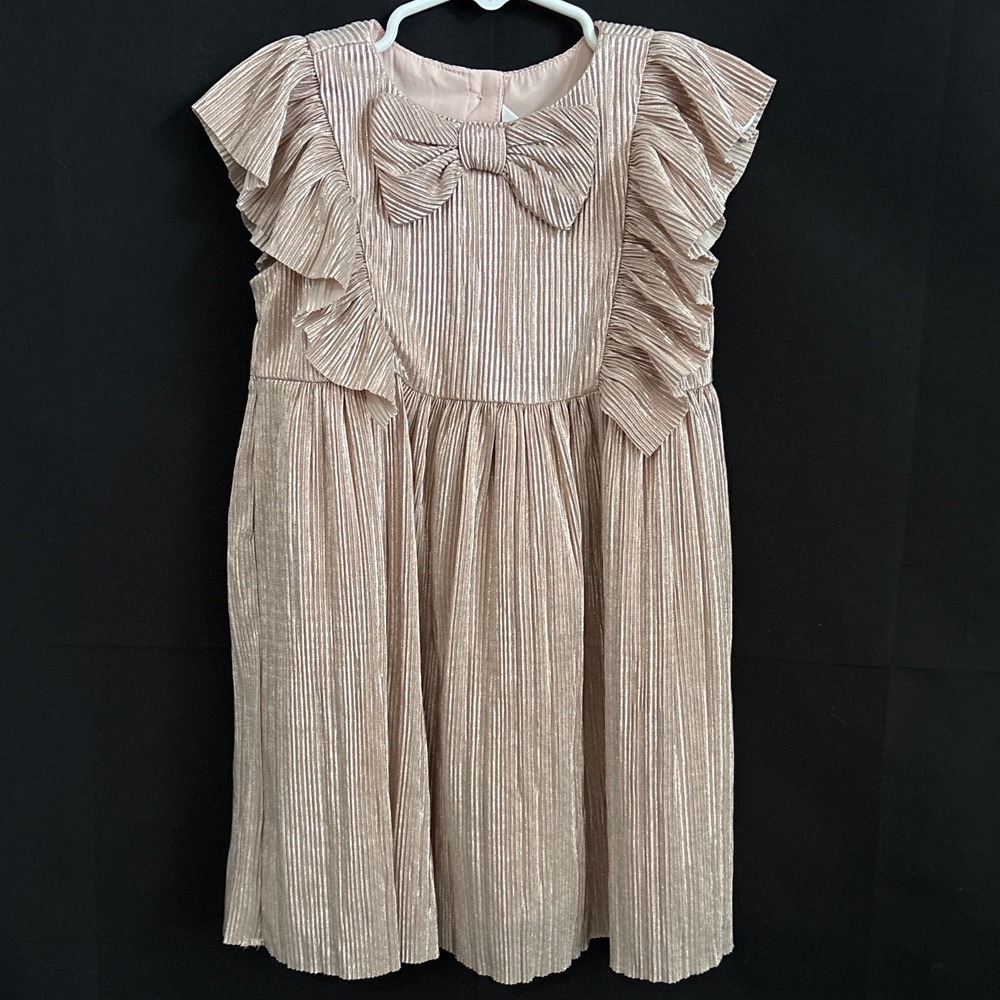 Janie and Jack Pleated Party Dress 3 Rose Gold Metallic Bow Ruffle Holiday Event